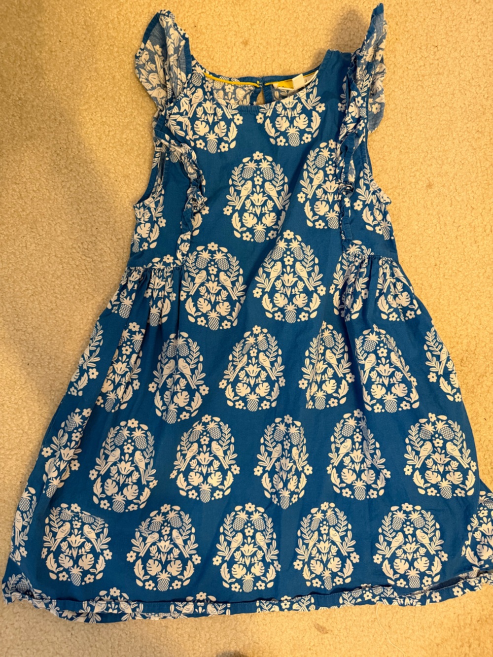 Mini Boden Blue Tropical Floral Print w ruffle sleeves Girls' Sundress 6/7 EUC